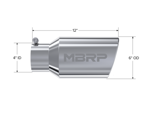 Exhaust Tail Pipe Tip 6 Inch O.D. Angled Rolled End 4 Inch Inlet 12 Inch Length T304 Stainless Steel MBRP